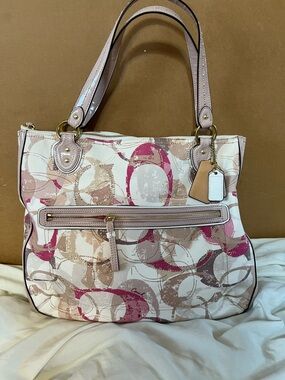 Coach Pink and Beige Signature Canvas Shoulder Bag